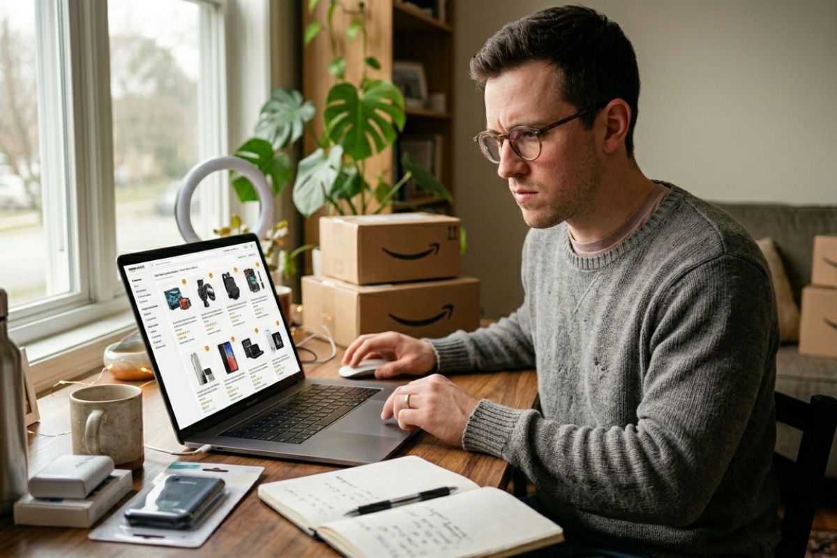 Vendedor Amazon FBA gestionando productos desde casa